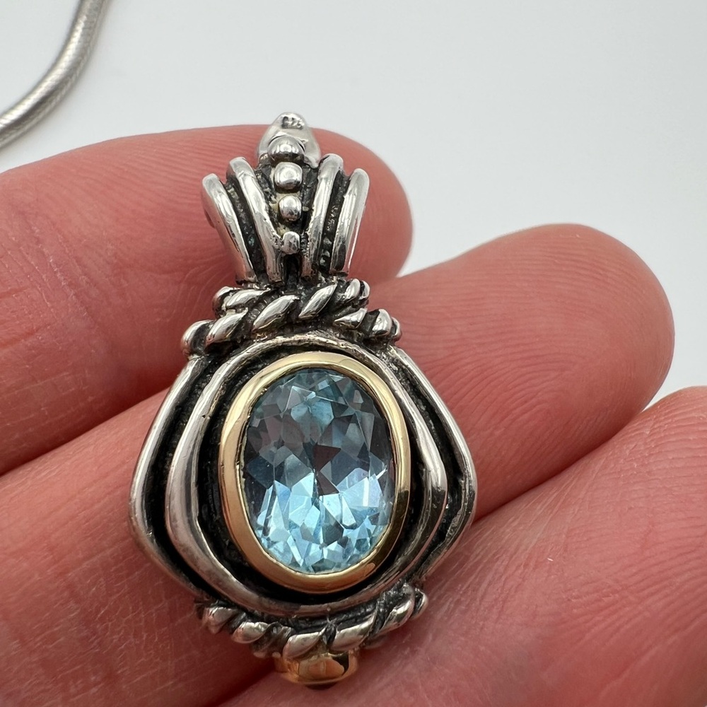 16” Vintage Sterling Silver Chunky Necklace with Blue Gemstone Pendant - Picture 9 of 14